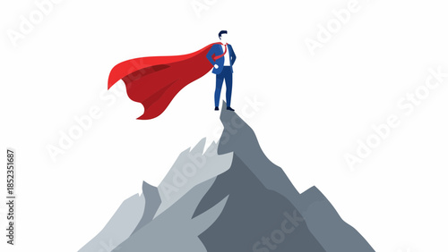 Hero Standing On Mountain Peak With Red Cape.