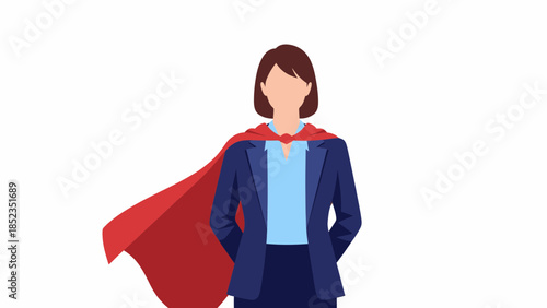 Illustrated superhero figure wearing blue suit with red cape.