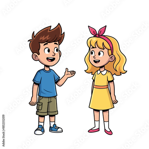 Two cheerful cartoon children a boy and a girl are happily interacting