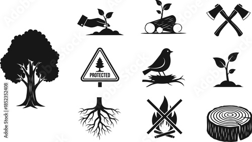 Forestry and tree planting icons and symbols