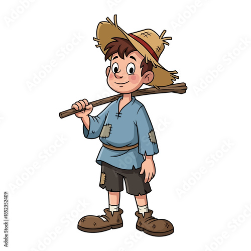 Cartoon depiction of a young boy wearing a straw hat and carrying a stick