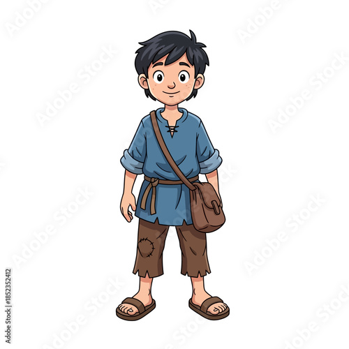 A young boy in simple medieval clothing stands confidently holding a satchel