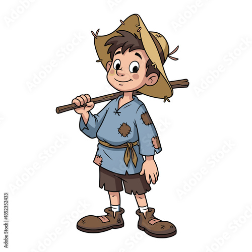 A young boy wearing a straw hat and patched clothing stands with a stick