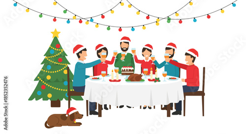 Christmas dinner party with friends and family. Flat vector illustration of people toasting at a festive table with food, decorated tree, and holiday lights.