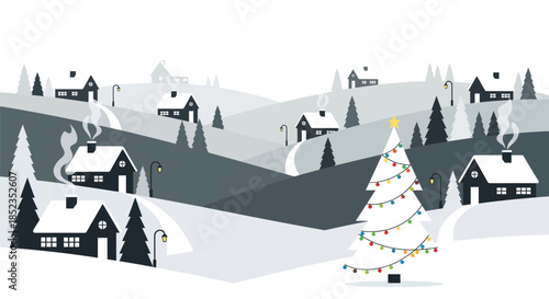 Winter landscape with snowy village and decorated Christmas tree. Flat vector illustration of hills, houses, pine forest, and street lamps in a holiday background.