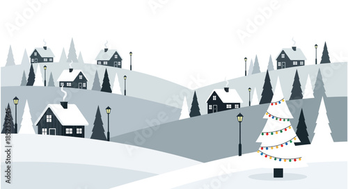 Winter landscape with snowy village and decorated Christmas tree. Flat vector illustration of hills, houses, pine forest, and street lamps in a holiday background.