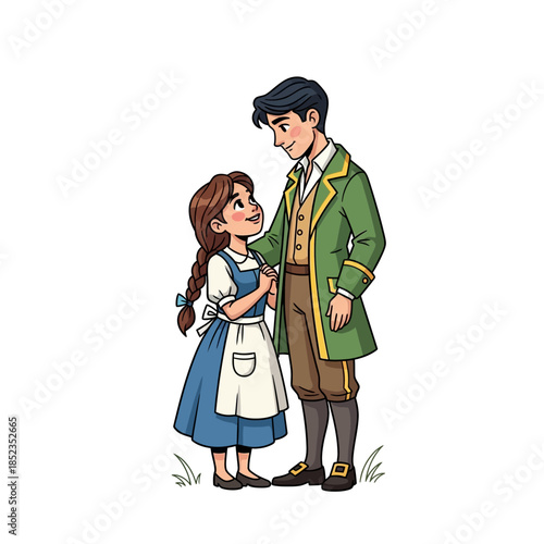 A young girl looks up at a man in traditional historical clothing