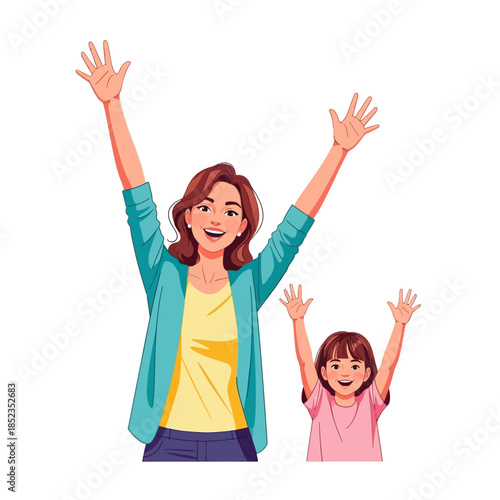 A joyful mother and daughter celebrate with arms raised in happiness