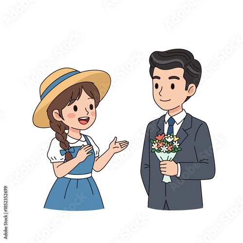 A man offers a bouquet of flowers to a woman in a straw hat
