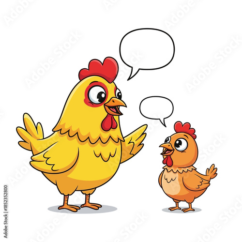 A mother hen and her chick are communicating with speech bubbles