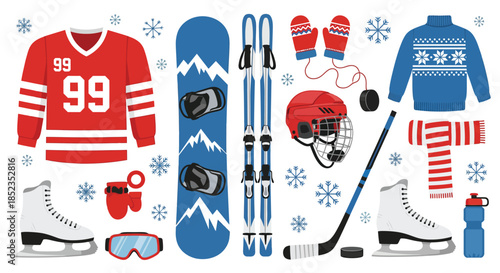 Winter sports equipment and clothing set. Skiing, snowboarding and ice hockey gear collection. Warm clothes, jersey, sweater and skates. Flat vector illustration