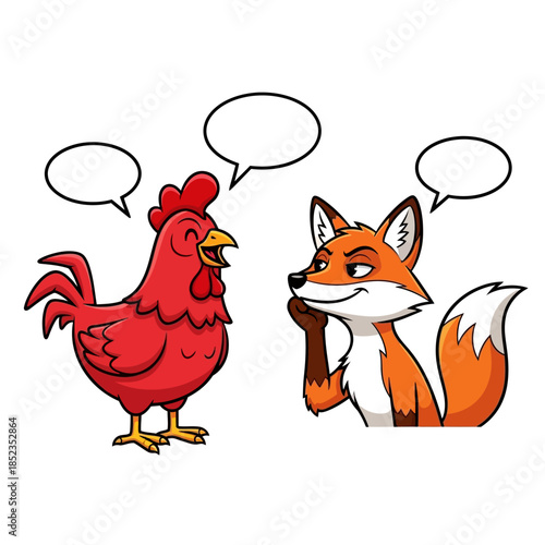 A cartoon fox and rooster engaging in a conversation with speech bubbles