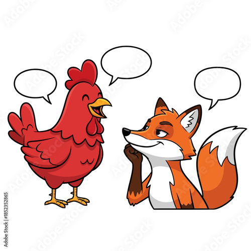 A cartoon fox and a red rooster appear to be having a conversation