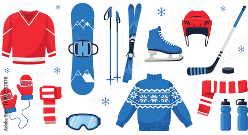 Winter sports equipment and clothing set. Skiing, snowboarding and hockey gear. Warm clothes, sweater, scarf and gloves. Flat vector illustration.