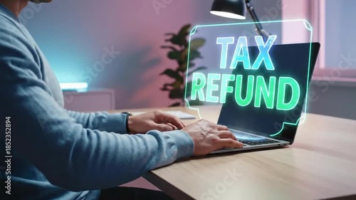 Man working on laptop with tax refund glowing on screen.