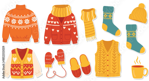 Winter clothing and cozy knitwear vector set. Warm apparel collection featuring sweater, cardigan, vest, scarf, socks, hat, mittens, and slippers. Flat sticker design elements isolated on white.
