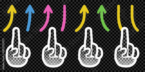 Colorful arrows pointing upwards and hands making the two gesture
