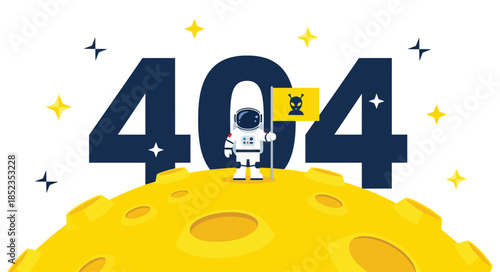 404 error page not found concept. Astronaut standing on moon with flag in space. Website maintenance vector illustration.