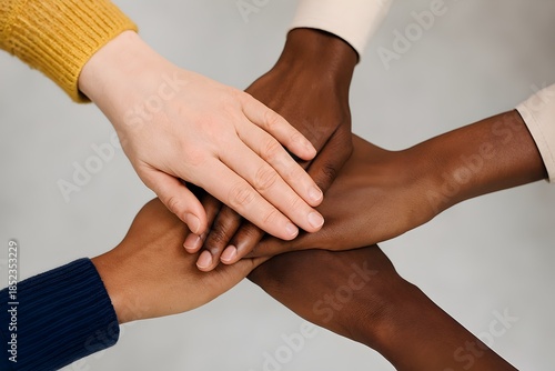 Diverse Hands Joined for Teamwork Unity Inclusion and Solidarity