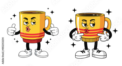 Retro cartoon coffee mug character. Vintage rubber hose style mascot. Funny yellow cup with arms and legs in 30s animation style. Breakfast beverage vector illustration.