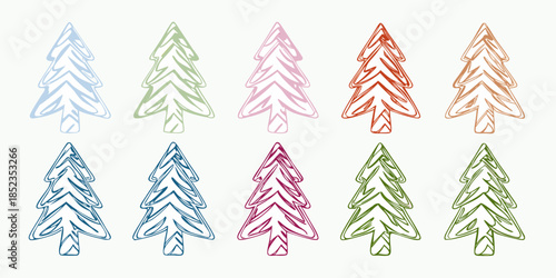 Colorful sketched christmas trees arranged in a grid pattern on a white background