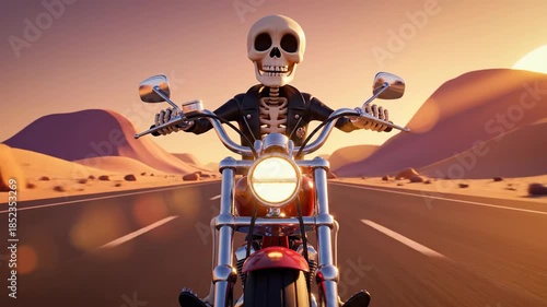 Close-up 3d render of a skeleton wearing a leather jacket, riding a powerful motorcycle on a warm desert highway.