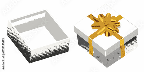 An open and closed gift box with a golden bow illustrated in a minimalist style