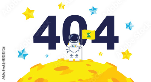 404 error page not found concept. Astronaut standing on moon with flag in space. Website maintenance vector illustration.