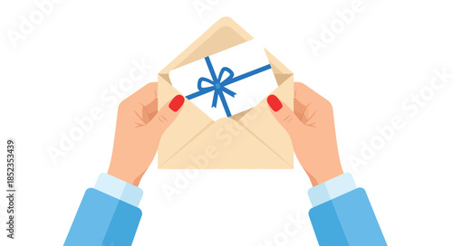 Hands holding open envelope with gift card or voucher. Woman opening mail letter with invitation inside. Vector illustration design.