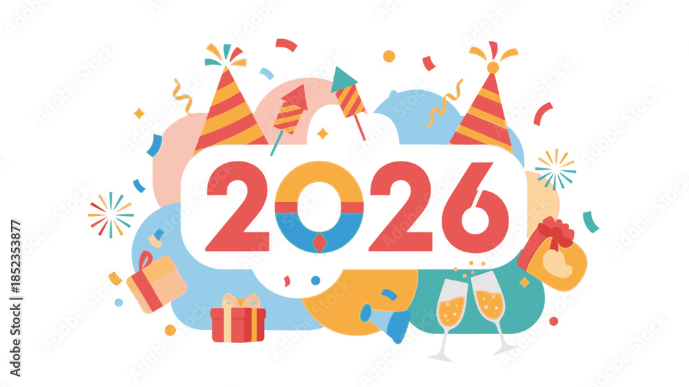Fototapeta premium Vibrant illustration for a Happy New Year 2026 social media post with festive party elements and colorful confetti on a white background.