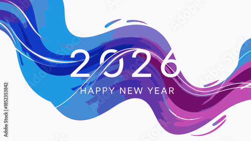 Vibrant abstract design with swirling blue and purple shapes and '2026 Happy New Year' text on a white background for a Happy New Year social media post 2026.