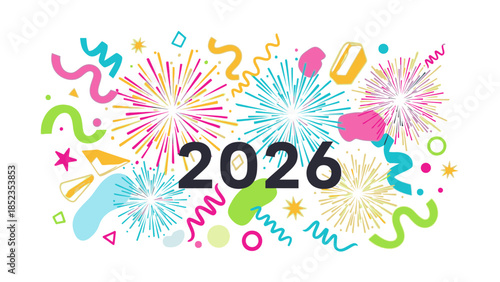 Colorful graphic illustration for a Happy New Year social media post in 2026 with festive fireworks and confetti against a vibrant background.