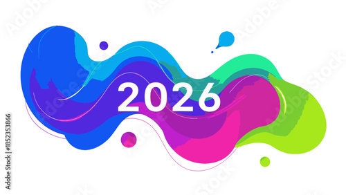 Vibrant, multicolored liquid shapes form a Happy New Year 2026 social media post against a clean white background with a joyful mood.