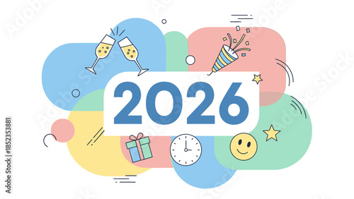 Colorful illustration of a Happy New Year 2026 social media post with festive icons and decorations on a white background.