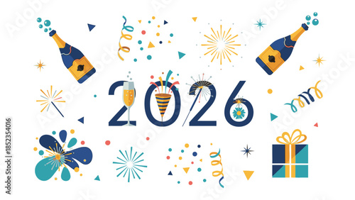 Colorful graphic illustration celebrating Happy New Year 2026 with festive confetti, fireworks, champagne bottles, and gifts on a white background.