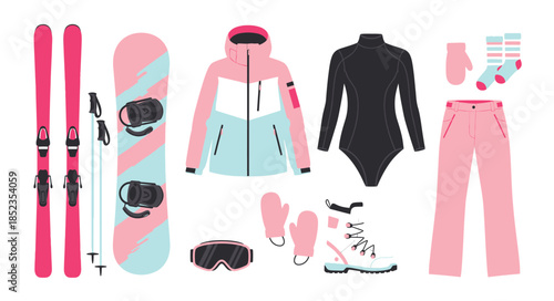 Winter sports equipment and clothing set. Skiing and snowboarding gear collection including skis, snowboard, jacket, pants, thermal suit, and accessories. Flat vector illustration in pink and blue, is