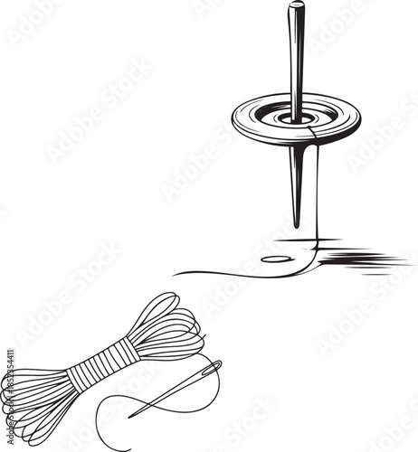 Sewing needle and thread line illustration with hand stitching detail, minimalist tailoring and craft concept isolated