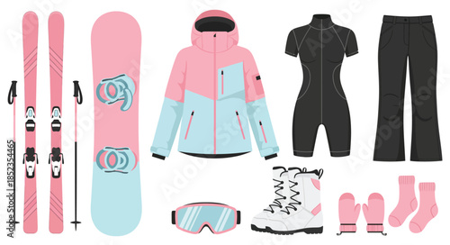 Winter sports clothing and equipment set. Skiing and snowboarding gear including jacket, pants, skis, snowboard, boots, goggles, and thermal underwear. Flat vector illustration in pink and blue for wo