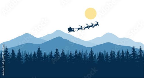 Flat vector illustration of Santa Claus sleigh with reindeer flying over a winter mountain forest landscape at night.