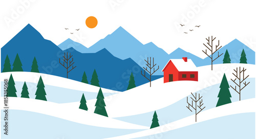 Flat vector illustration of a winter landscape. Snowy mountains, a cozy red cabin, and pine trees under a bright sun.