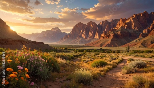 Golden hour light bathes a majestic mountain valley, casting long shadows across blooming wildflowers and rugged terrain under a glowing, cinematic sky at sunset