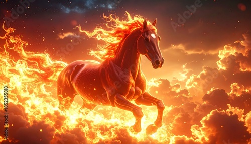 Fiery horse, glowing with vibrant red and gold energy, gallops powerfully through an ethereal celestial landscape of dramatic clouds, symbolizing mythical strength and freedom