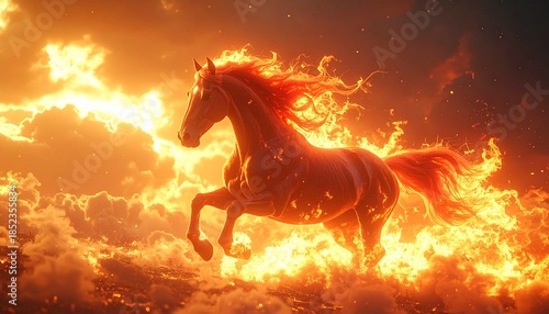 Majestic Fiery Steed Galloping Through Ethereal Clouds of Flame and Light