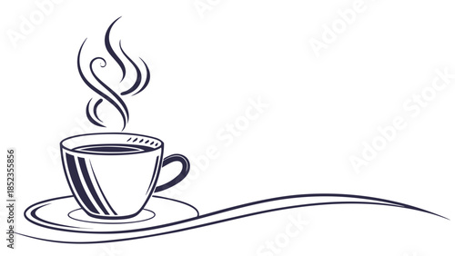 Steaming hot coffee cup on saucer with rising vapor