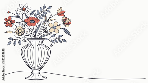 Vibrant floral arrangement in elegant vase with colorful flowers and leaves