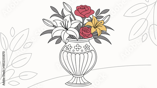 Colorful bouquet of roses and lilies in elegant vase