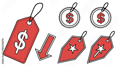 Red discount price tags with dollar signs and stars