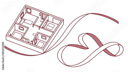 Modern architectural design with red outline floor plan and flowing ribbon