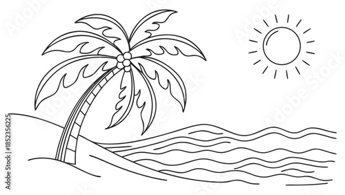 Serene tropical beach scene with palm tree and sunny weather