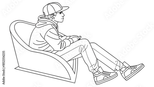 Relaxed young man sitting in modern chair with hoodie on